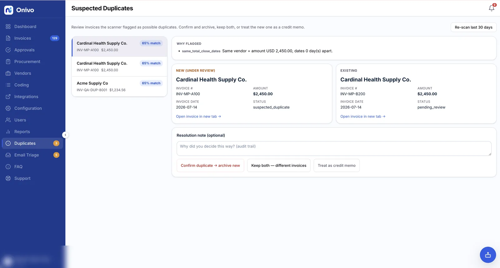 Duplicate invoice detection comparing two invoices side by side with the reason flagged: same vendor, amount, and dates