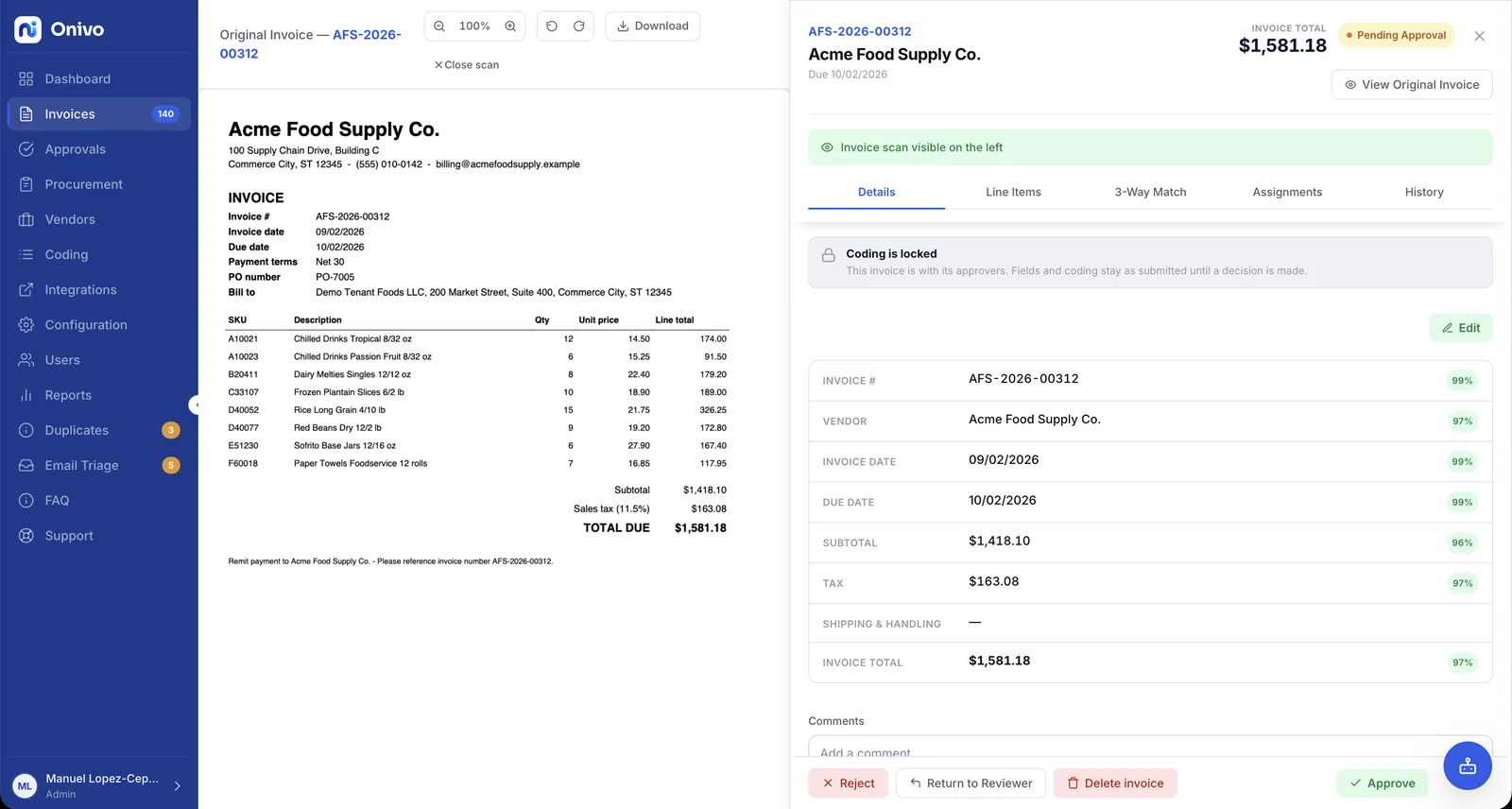Onivo AP invoice review in split view: the original invoice scan on the left, the extracted header fields on the right, each with its OCR confidence score