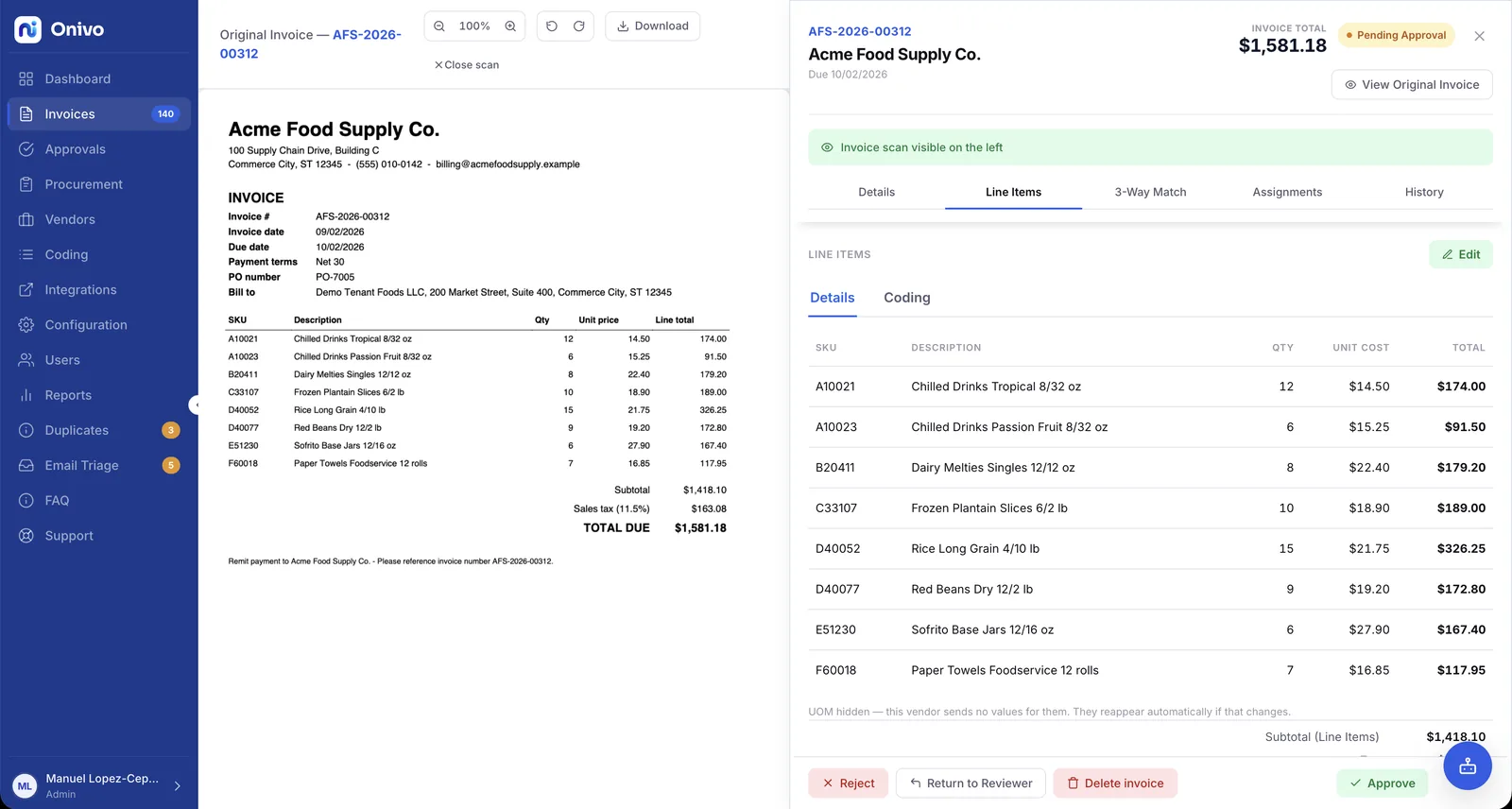 Invoice line items extracted as structured rows with SKU, description, quantity, unit cost, and line total, shown next to the original invoice