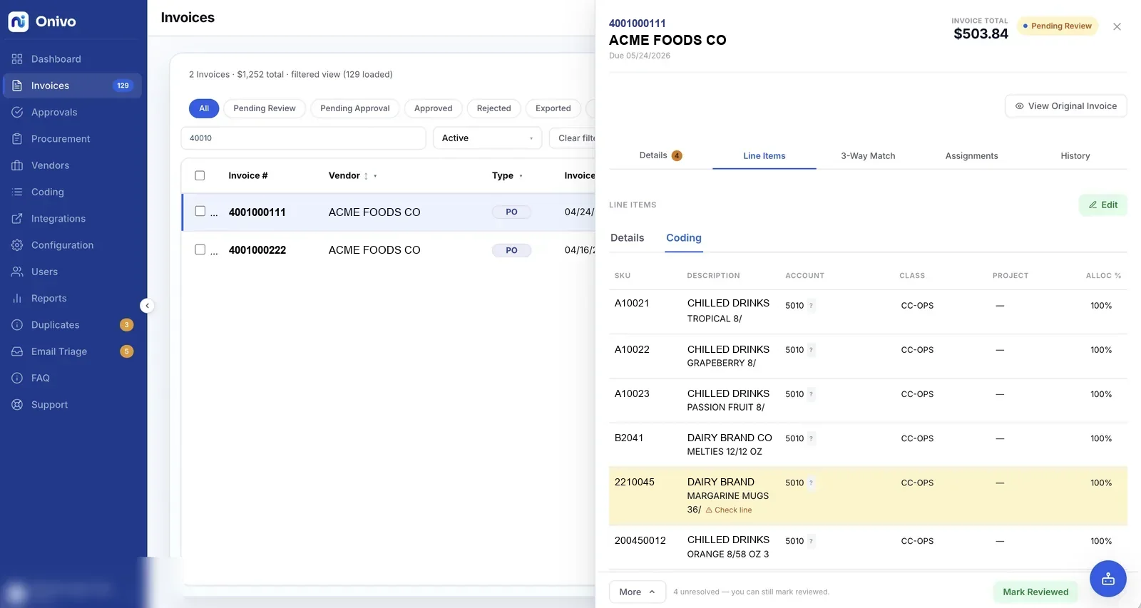 Invoice line items coded to a GL account and class automatically, with an uncertain line flagged for checking